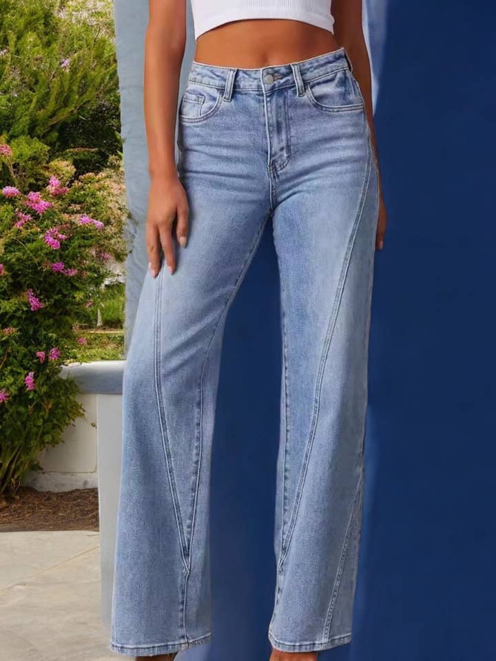 Blue Women's High Waist Wide Leg Jeans with Seaming Detail for wholesale on Faire2