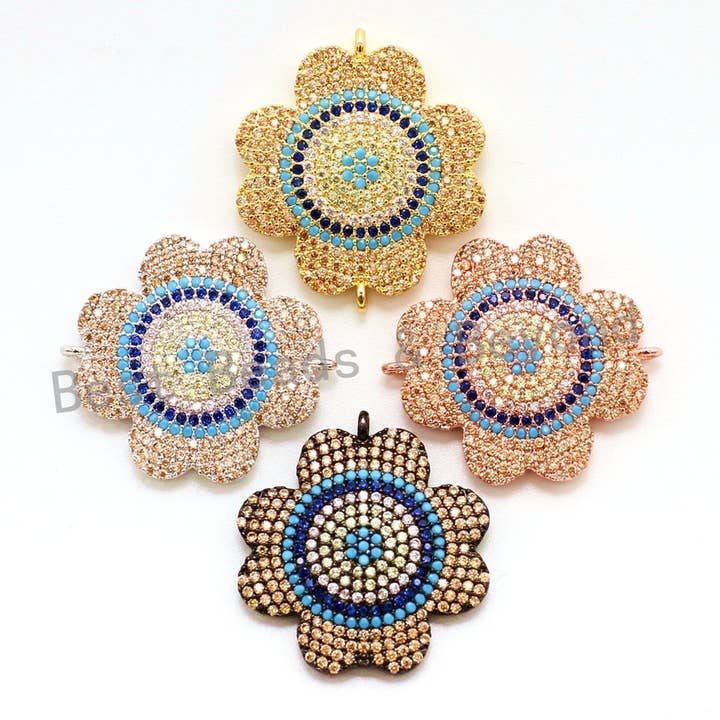 CZ Micro Pave Turquosie Cobalt Flower Connector for Bracelet/Necklace, Cubic Zirconia Space Connector, 23mm, sku#E64 for wholesale by BestBeads&Beyond