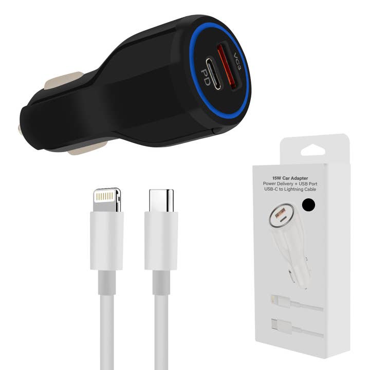 Combinaison de voiture DP 15 W avec chargeur de voiture USB et câble DP de 3 pieds MW8187 pour la vente par Mighty Wireless