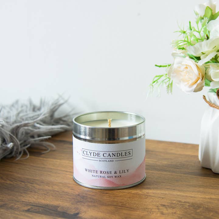 CLYDE CANDLES – wholesale Travel candles – White Rose & Lily Candle Tin1
