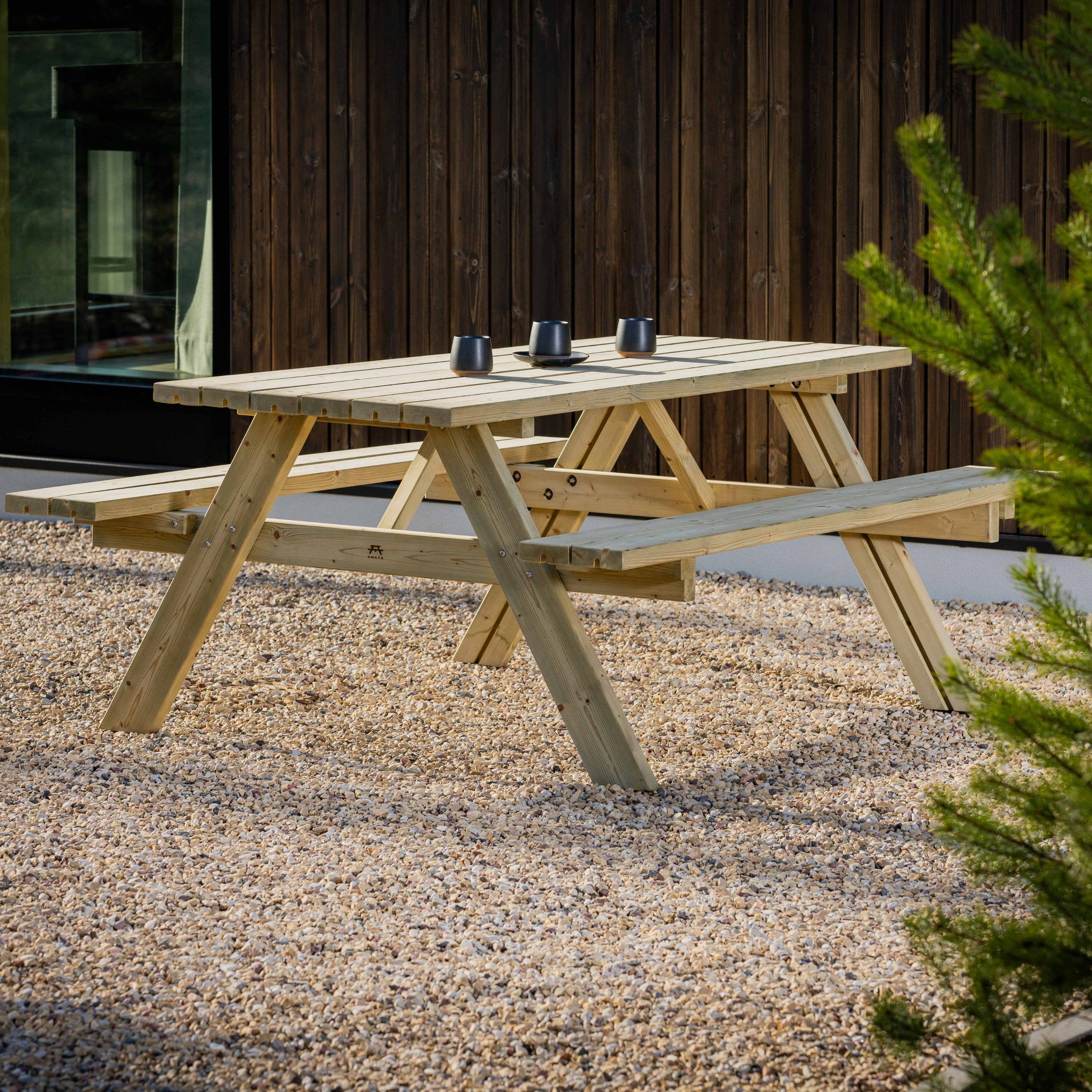 AMATA – Mesa de pátio por atacado – Conjunto de Mesa de Piquenique em Madeira com Bancos em A7