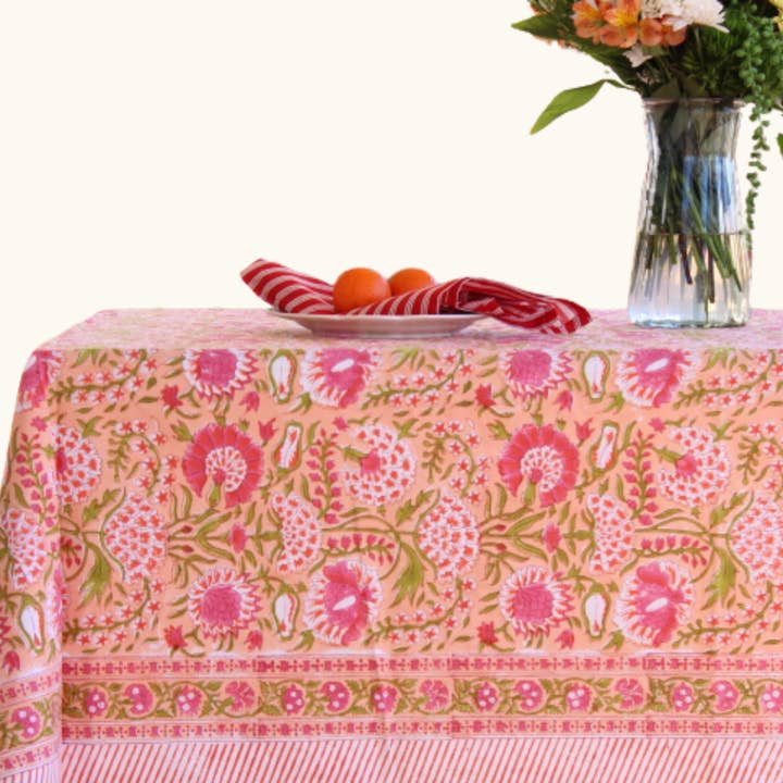 Sunlit Poppy - Handblock Print Cotton Tablecloth for wholesale by House of Alaan