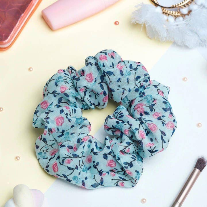 Floral Blue Fabric Scrunchie - Zoé for wholesale by Adopte un Chouchou