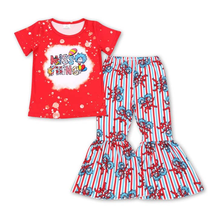 Cat balloon top bell bottom pants girls clothing set for wholesale by Yawoo Garments