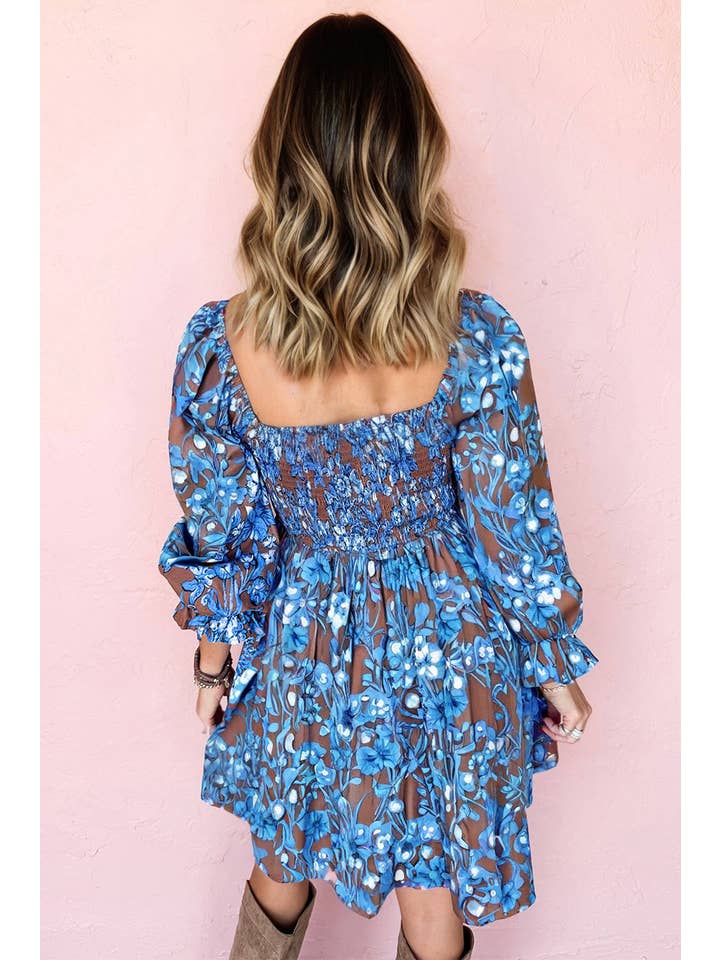 Blue Floral Smocked Bodice Ruffle Sleeve Dress for wholesale on Faire1