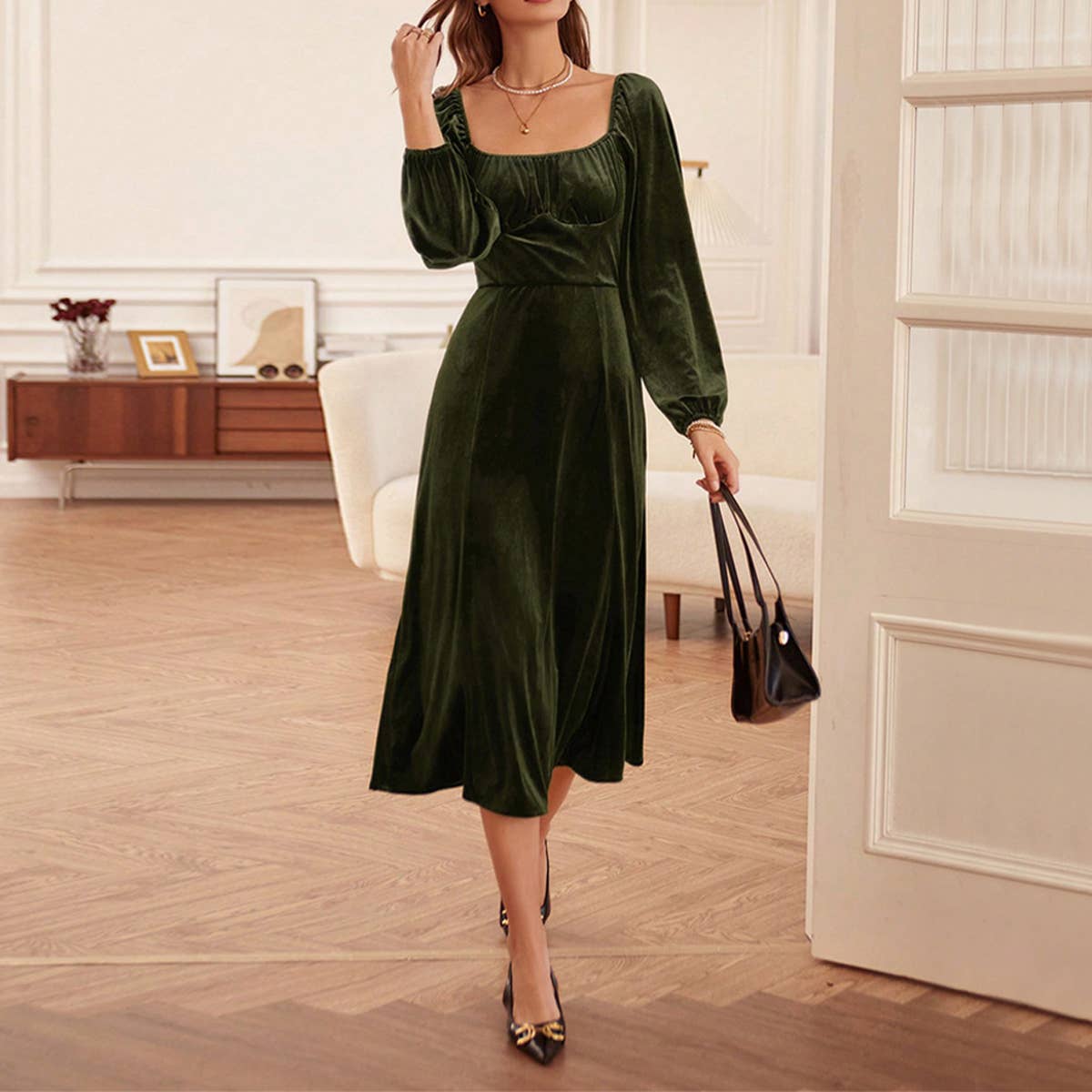 ARMYGREEN FRENCH RETRO SLIM SQUARE NECK A-LINE VELVET DRESS for wholesale on Faire0