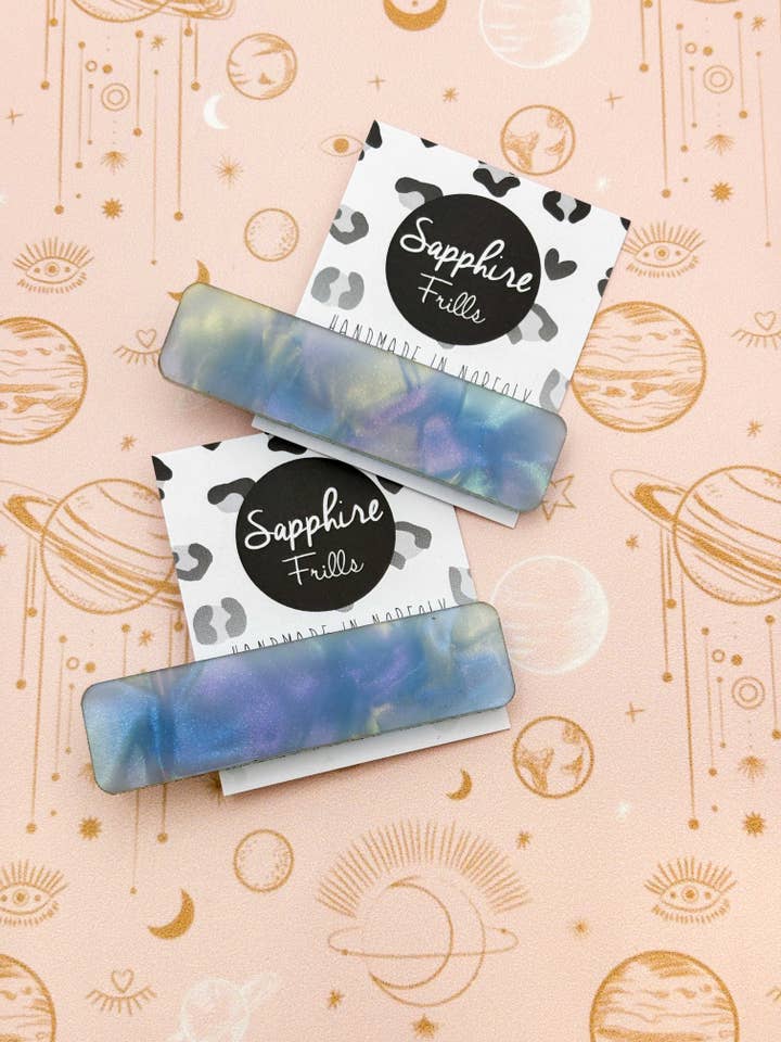Pale Blue Iridescent Shimmer Rectangle Acrylic Hair Clip for wholesale by Sapphire Frills Ltd
