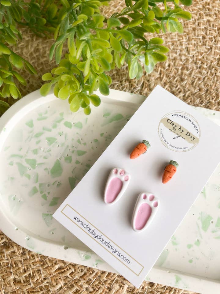 Bunny Feet & Carrot Stud Duo Earrings - polymer clay Easter for wholesale by Clay by Day Designs