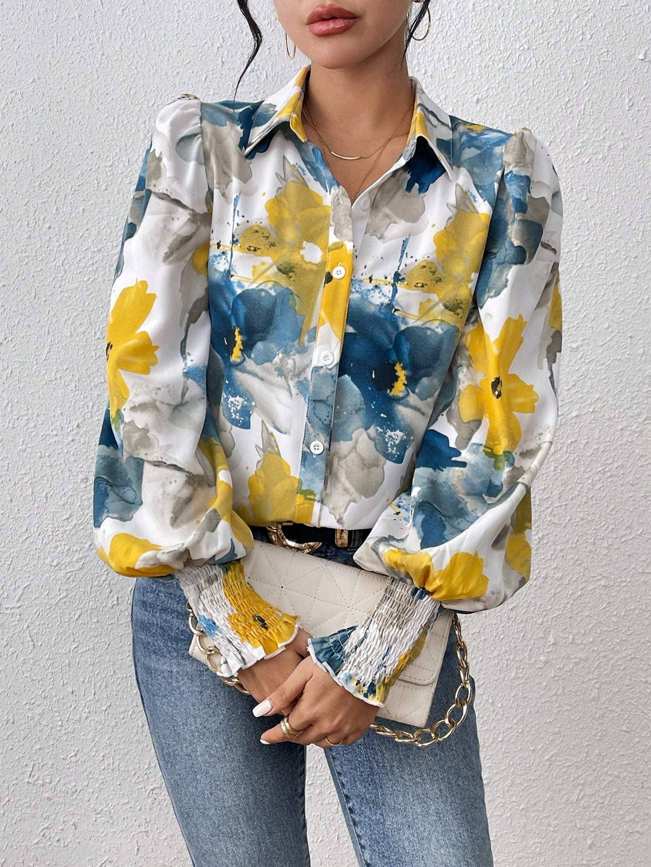 Fashion Combination - Wholesale Button Down Shirt - Women's - priv floral print lantern sleeve shirt15