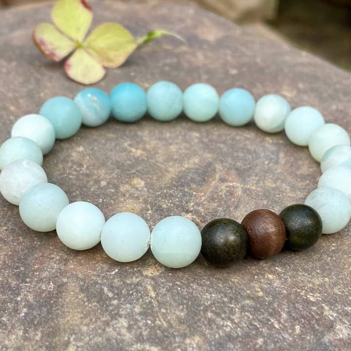 Pulsera de madera de sándalo con cristales de amazonita y madera para venta al por mayor de Coconut Quartz