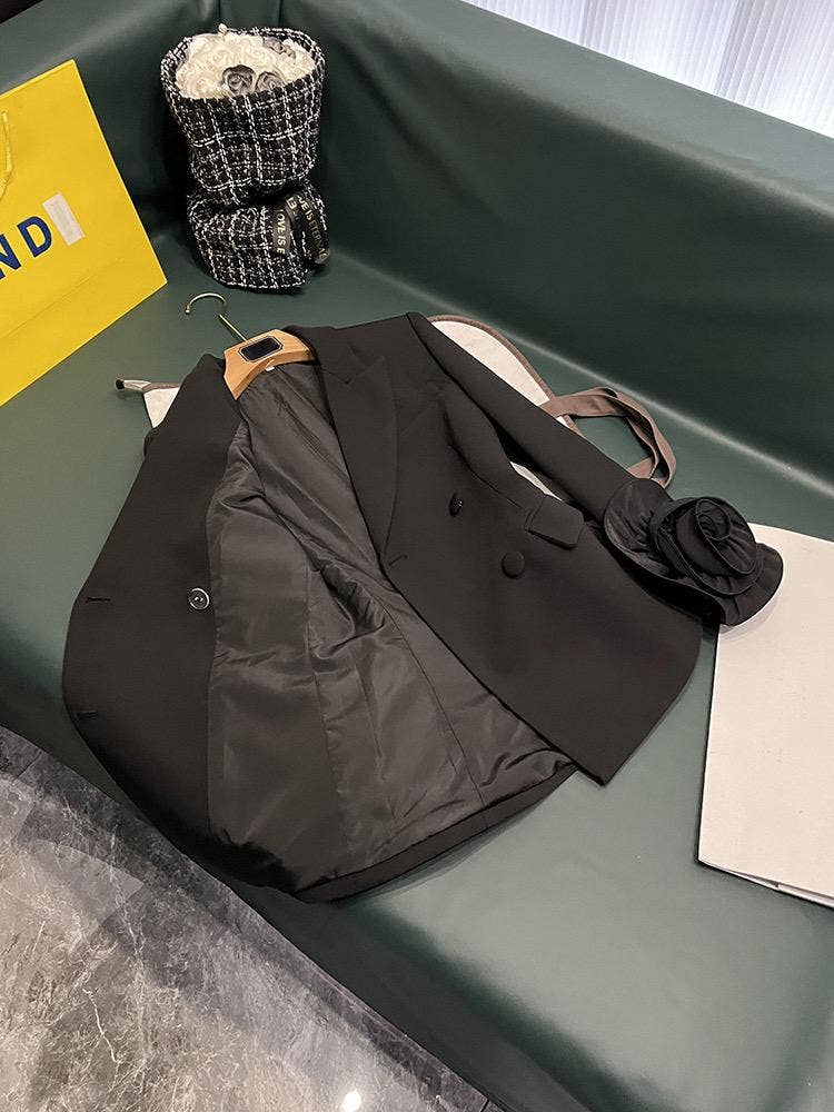 Black SY392 Double-Breasted  Suit Jacket with 3D Flower Cuffs for wholesale on Faire5