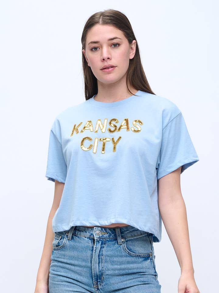 T-shirt Curta com Lantejoulas Azul Claro Kansas City por atacado de Locale