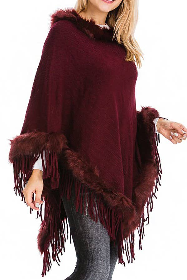 Cap Zone – wholesale Poncho – Women's – Faux Fur Lined Fringe Trim Pullover Poncho13