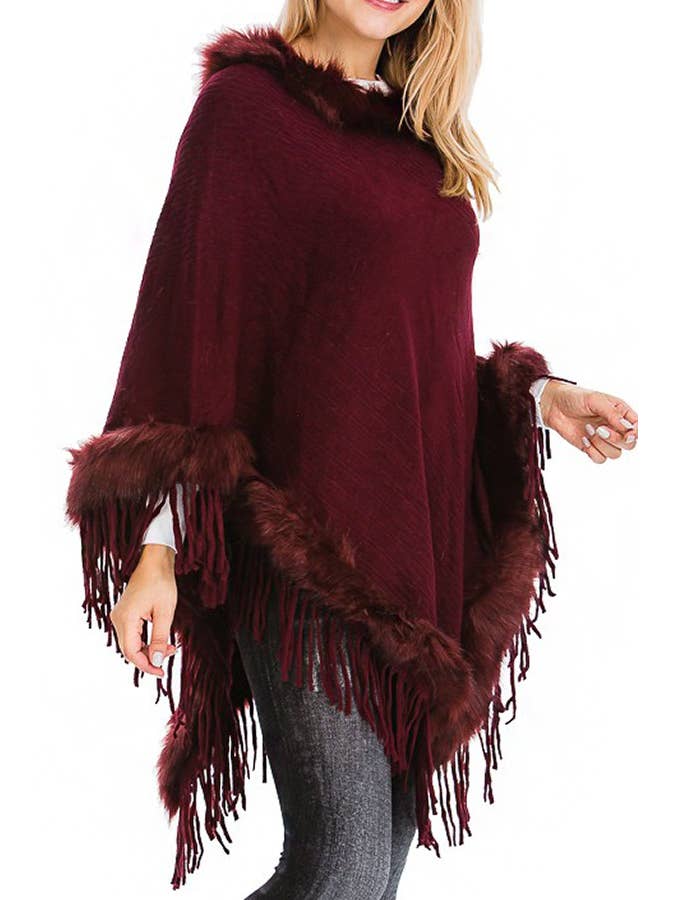 Cap Zone – wholesale Poncho – Women's – Faux Fur Lined Fringe Trim Pullover Poncho13