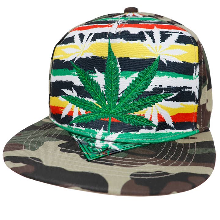 Cap Zone - Wholesale Flat Brim Cap - Unisex - Marijuana Leaf Rasta Paint Stripe Cotton Flat Bill Snapback