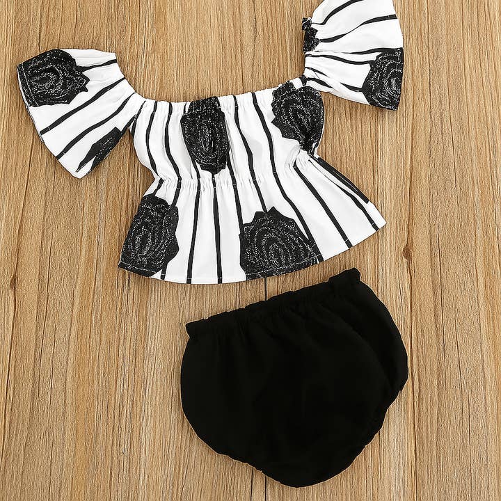 Black and White Flower Baby Off-Shoulder Top and Bloomers for wholesale by Fennco Styles