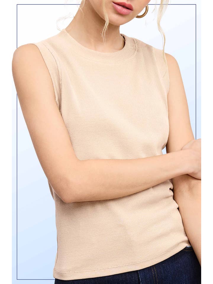 La Miel - Wholesale Tank Top - Women's - HUT7340-Stretchy Basic Ribbed Sleeveless Crew Neck Top19