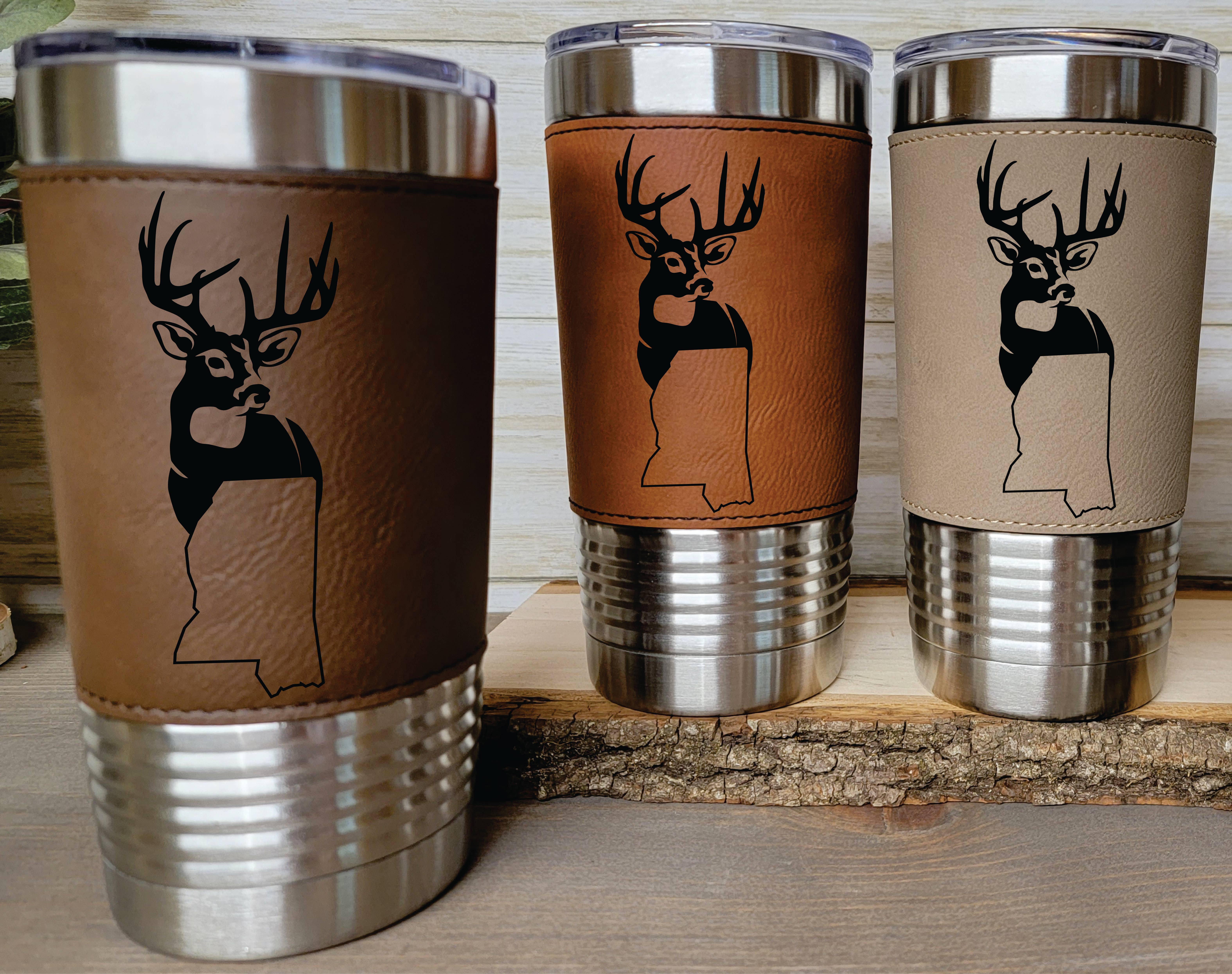 Clack Design – Engroshandel Thermokop – Whitetail State indgraveret læder isoleret Tumbler5