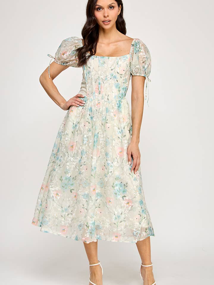 Floral Puff Sleeve Midi Dress with Smocked Back for wholesale by Genzy Clothing