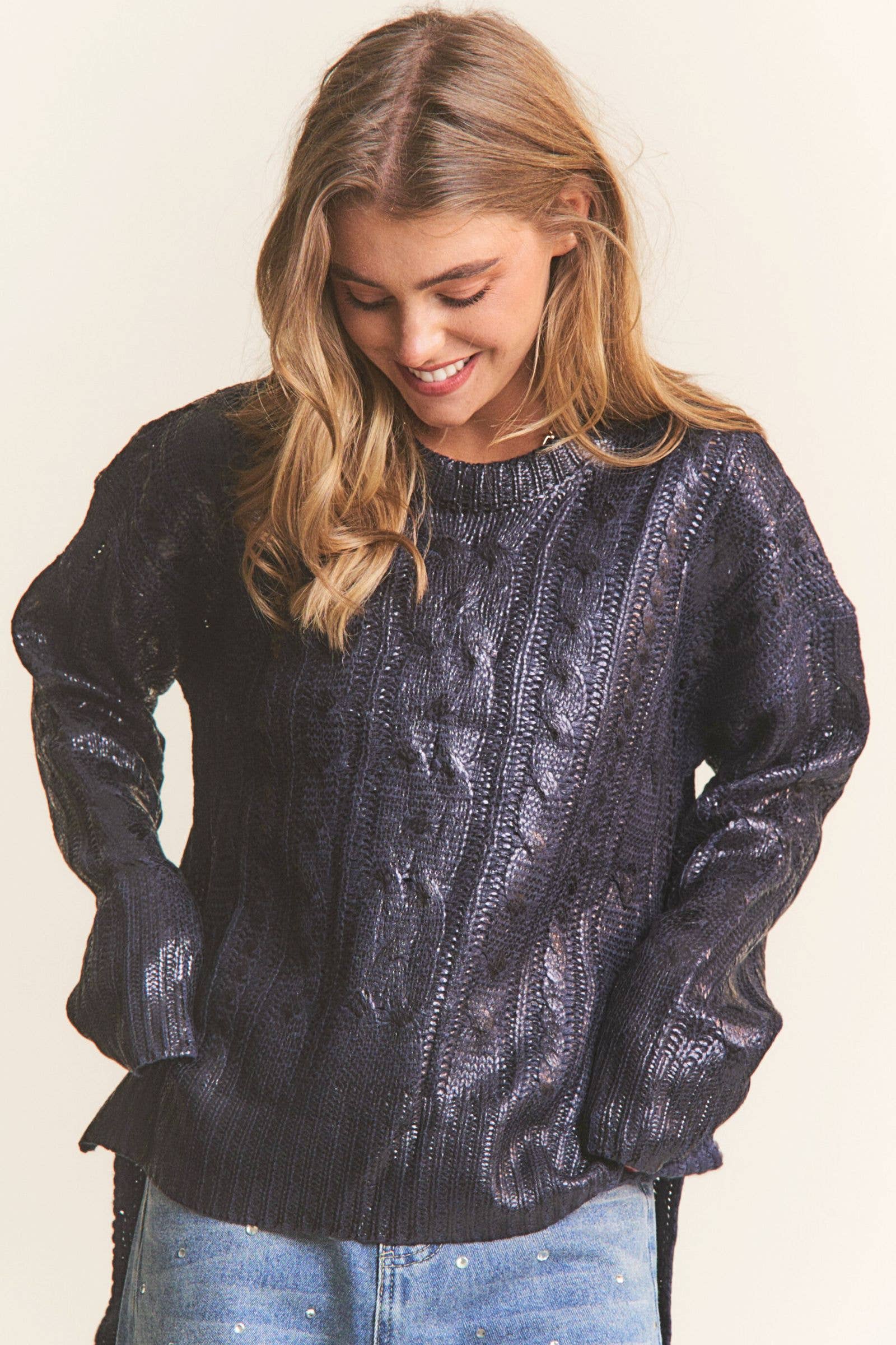 Soft Black Cire Fabric Knit Round Neck Sweater for wholesale on Faire3