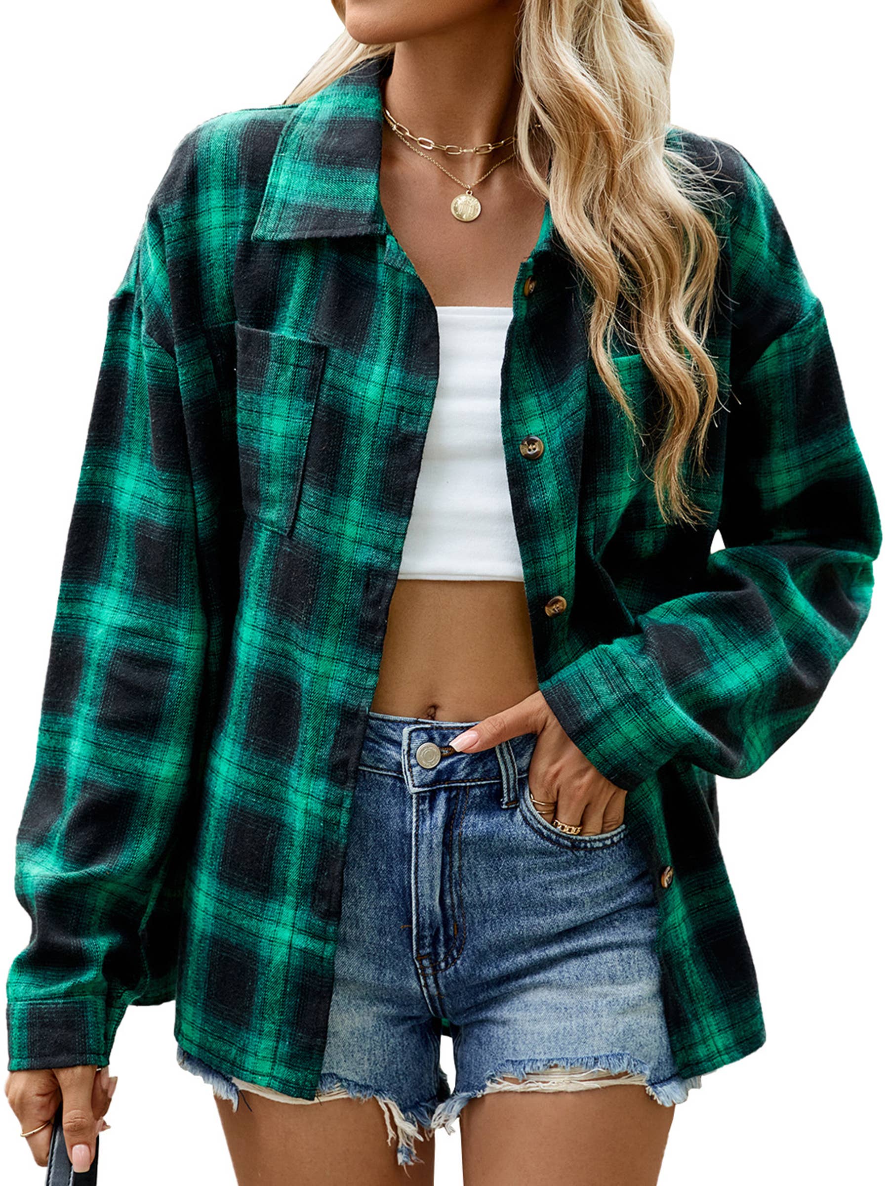 Wholesalesir - Wholesale Button Down Shirt - Women's - Collar Long Sleeved Pocket Button Checkered Top2