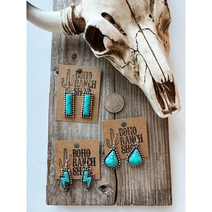 Boho Ranch Shop - Wholesale Dangle Earrings - Western Hand Stone Stud Earrings Turquoise bolt bar teardrop4