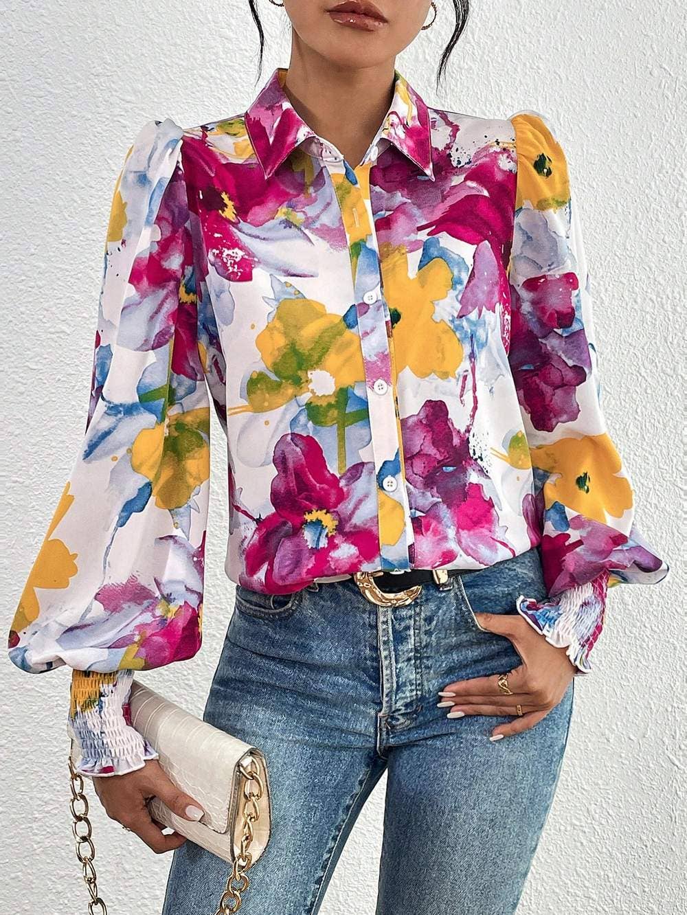 Fashion Combination - Wholesale Button Down Shirt - Women's - priv floral print lantern sleeve shirt8