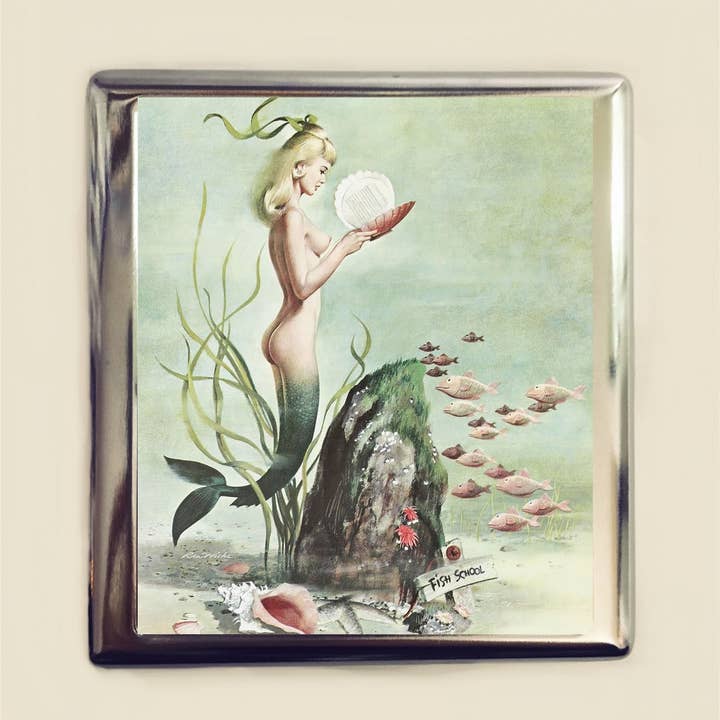 FringePop - Wholesale Cigarette Case - Mermaid Pinup Cigarette Case Business Card ID Holder Wallet Pin Up Girl Nautical Retro School of Fish