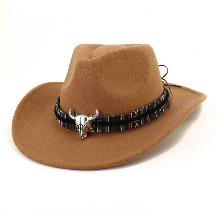 ACCITY - Wholesale Cowboy Hat - Unisex - Bull Head Decor Wide Brim Western Cowboy Hat_CWAH17698