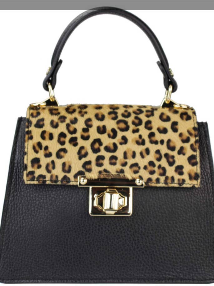 614 Italian Cheetah & Black Leather Satchel with Gold Chain for wholesale by JIJOU CAPRI
