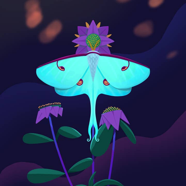 Luna Moth at Night on Purple Flower Art Print - 5x7 or 8x10 for wholesale by Ham Eye Am