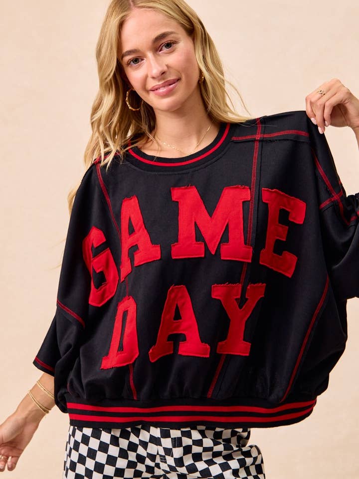 Gameday Patchwork Stitch Detail French Terry Top for wholesale by Vanilla Monkey