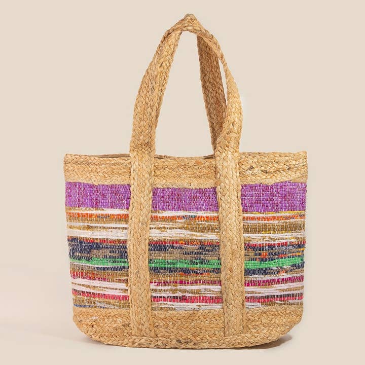 MULTI Colorful Stripe Woven Jute Tote Bag for wholesale on Faire