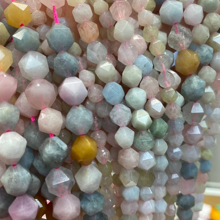 The Bead Bazaar - Wholesale Beads - Pastel Bicone Beads, Beryl Beads, Genuine Gemstone, Faceted Beryl, Shape Bulk Beads For Jewelry Making, 6mm Rainbow Beads, 8mm Pastel Beryl Beads6