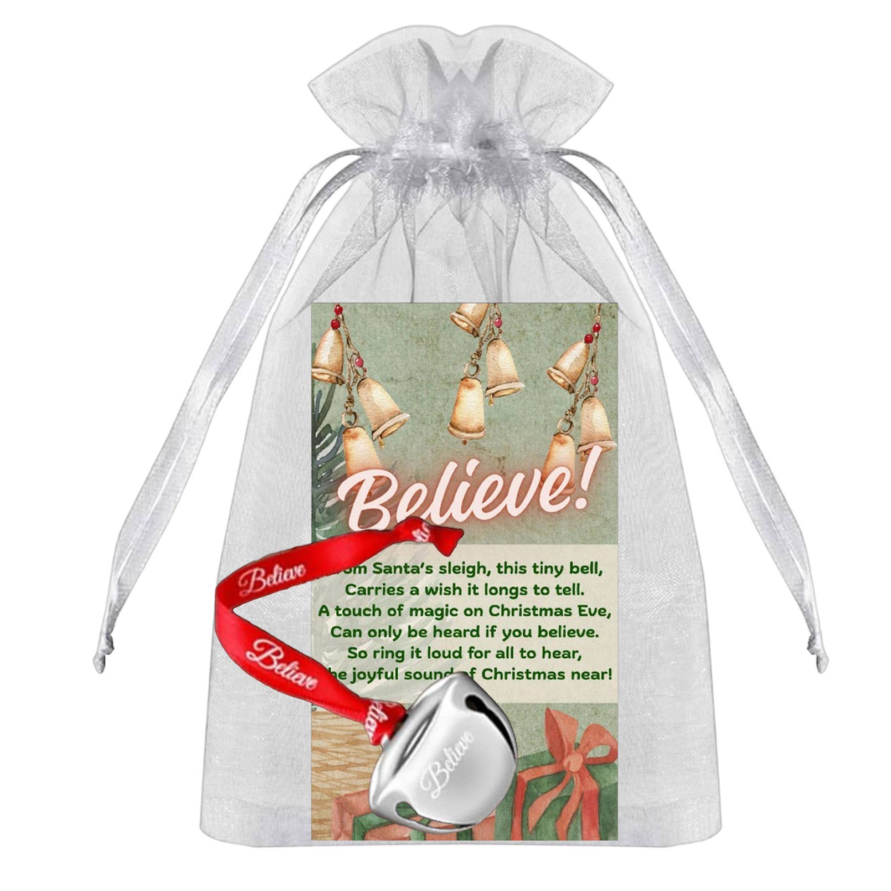 Broken Record Boutique – Ornamento por atacado – Ornamento de Sino Prateado "Acreditar" com Cartão de Poema do Trenó do Pai Natal3