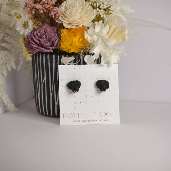 Pawfect Love - Wholesale Stud/Post Earrings - Black Lab Earrings - Handmade Polymer Clay Labrador Dog Stud