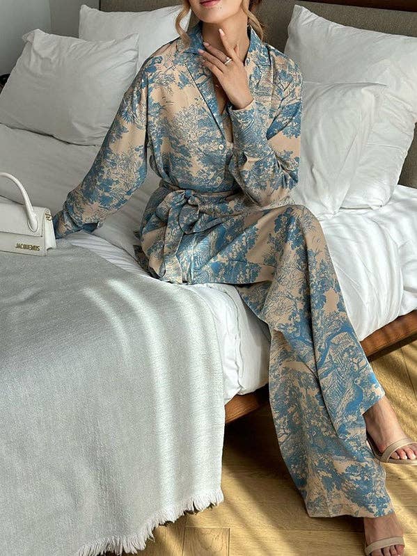 Long Sleeves Buttoned Printed Tied Waist Notched Collar Shirts Top + High Waisted Pants Bottom Two Pieces Set for wholesale by VividLux