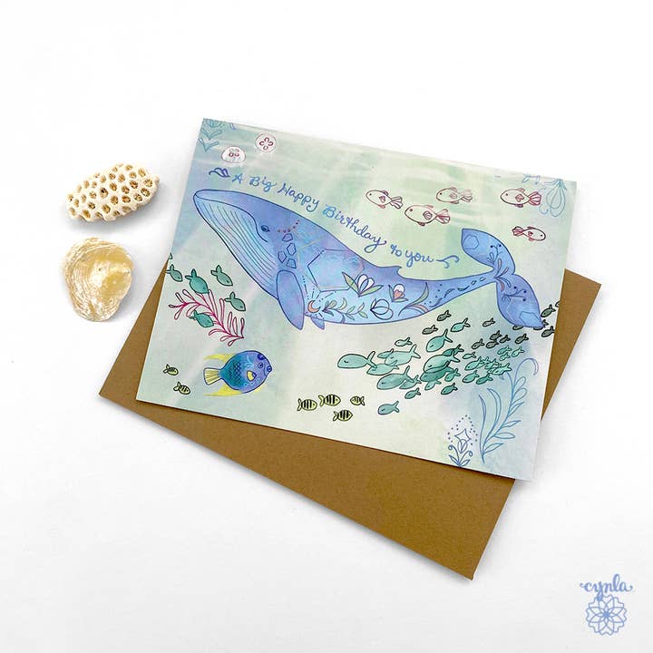 Whale ocean happy birthday card - ocean beach sea life for wholesale by Cynla