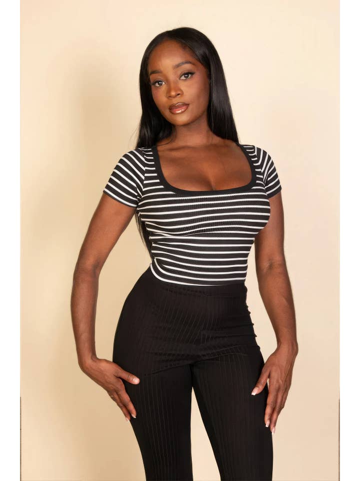 CC Wholesale Clothing - Wholesale Knit Top - Women's - Ribbed striped square neck short sleeve t shirt