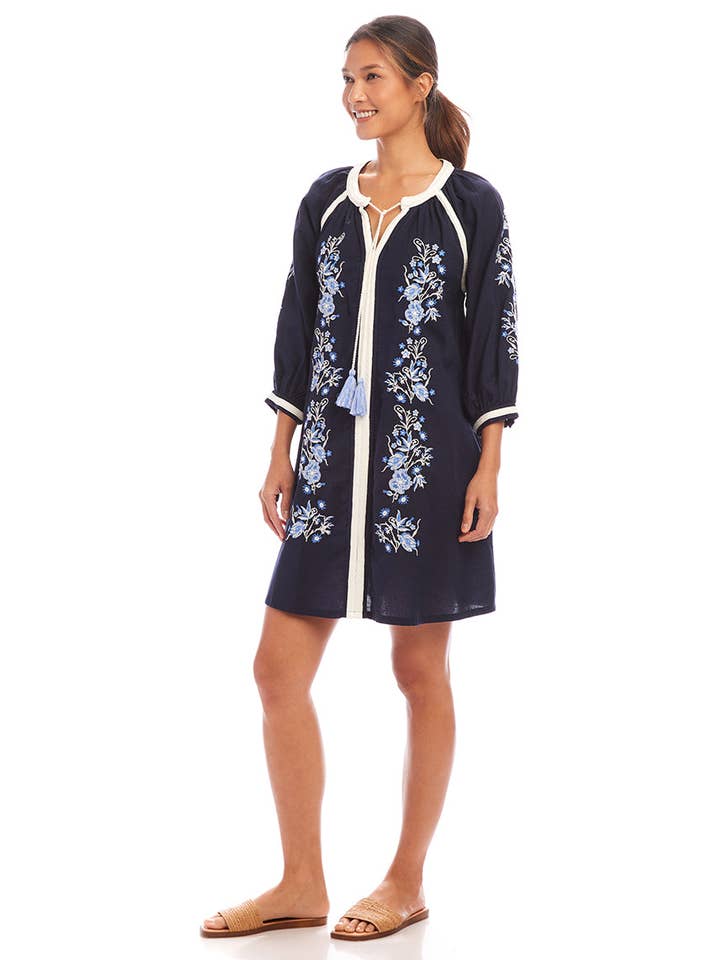 Navy Blouson Sleeve Embroidered Peasant Dress for wholesale on Faire