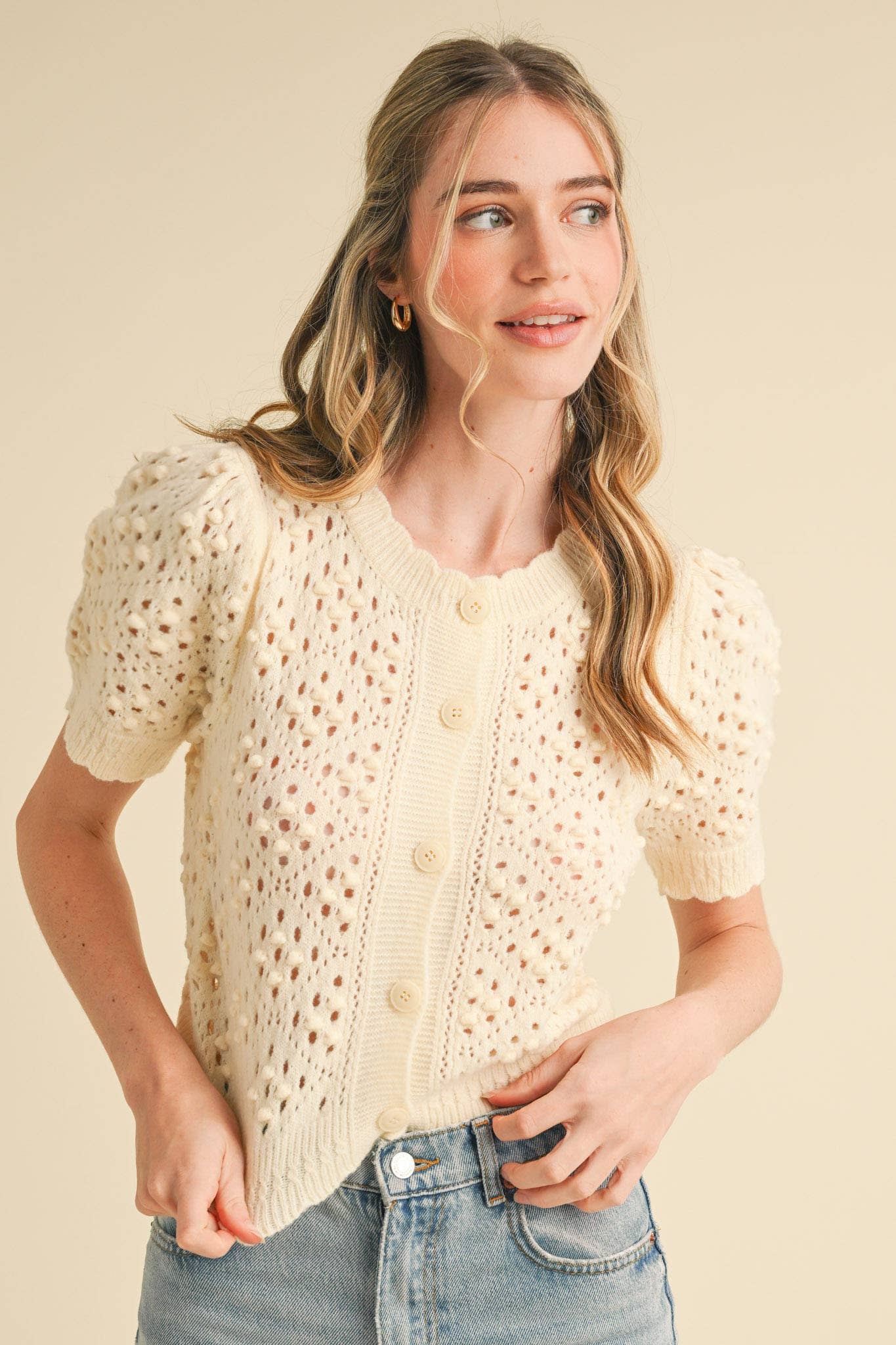 &MERCI - Wholesale Cardigan - Women's - CROPPED POINTELLE BUTTON DOWN SWEATER CARDIGAN MSW108577