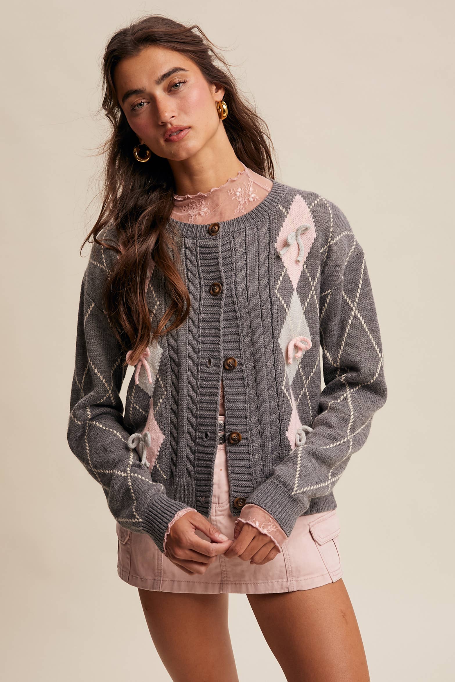 Listicle - Venta al por mayor Cárdigan - Mujer - Cárdigan de Punto con Detalle de Lazo Argyle LSW09730