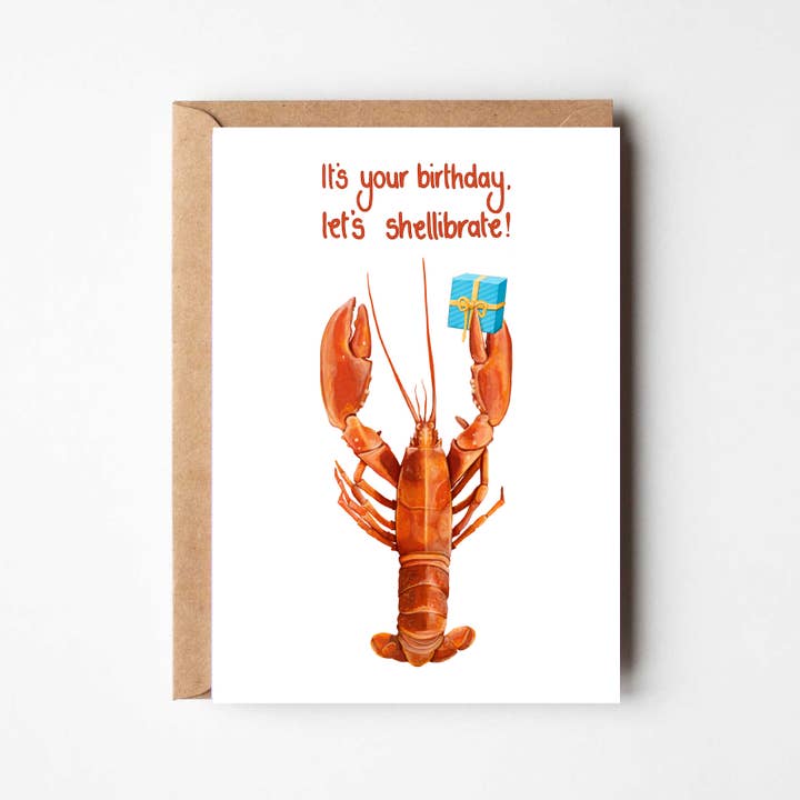 Katie Tinkler illustration - Wholesale Birthday Card - Let's shellibrate - Funny Lobster Seafood Birthday Card