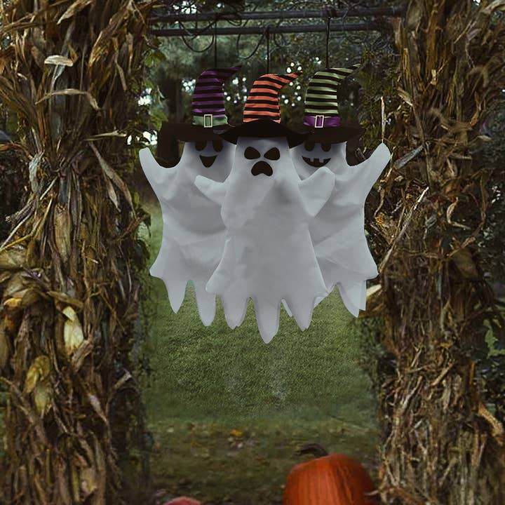 Fun Little Toys - Vendita all'ingrosso Ornamenti/decorazioni per esterni - 3 fantasmi da appendere per Halloween con cappello da strega