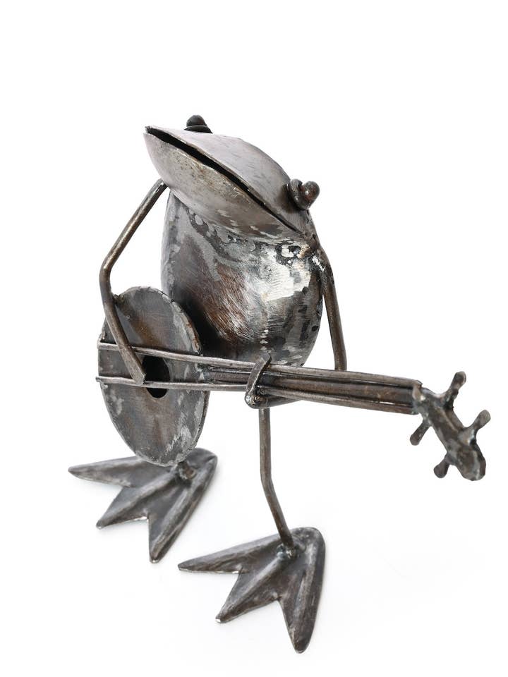 Metal Banjo Playing Frog Sculpture for wholesale by Swahili | AFRICAN MODERN