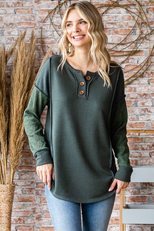 7th Ray - Vente Haut en maille – femme - Haut à manches longues en mélange de coton avec contraste en dentelle et boutons devant T525320