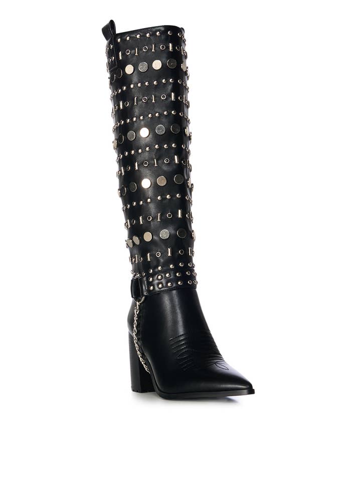 Azalea Wang - Wholesale Boots - Women's - JULETTE-BLACK STUDDED KNEE HIGH HEELED BOOT