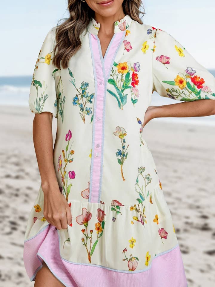 As shown BOHO Striped Floral Print Short Sleeve Mini Dress | S-XL for wholesale on Faire
