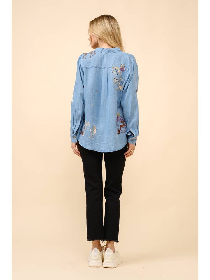 MED WASH 23231T - Western Motif Embroidered Tencel Shirt for wholesale on Faire7