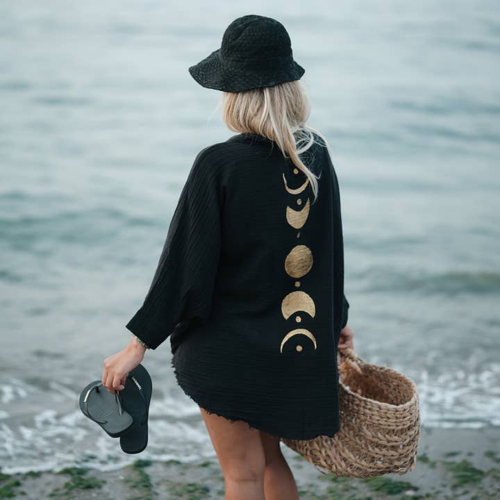 Black &Gold Moon Phases Muslin Kimono Robe / Poncho for wholesale by Moa